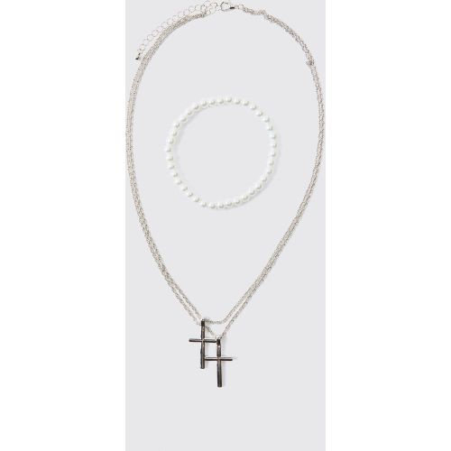 Set De Collar Con Cruz Doble Y Pulsera De Perlas - boohoo - Modalova
