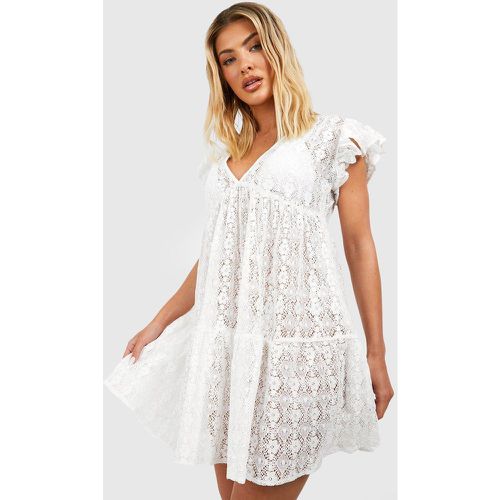 Vestido Mini Para La Playa Escotado Con Volante De Encaje - boohoo - Modalova