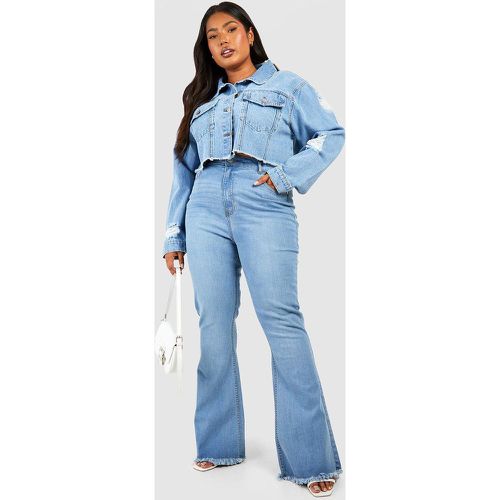 Pantaloni a zampa Plus Size in denim Stretch modellanti sul retro con fondo sfilacciato - boohoo - Modalova