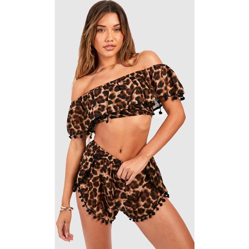 Conjunto Coordinado Para La Playa De Chifón Con Pompones Y Estampado De Leopardo - boohoo - Modalova