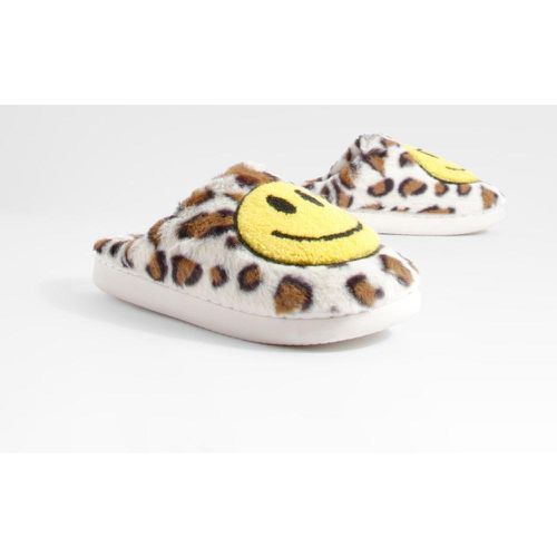 Zapatillas Para Estar En Casa Con Estampado De Leopardo Y Cara Sonriente - boohoo - Modalova