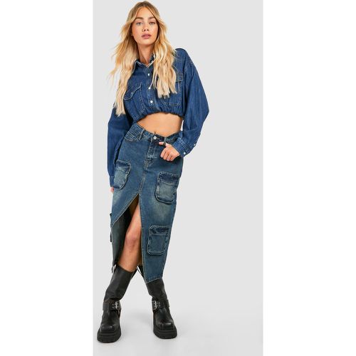 Gonna longuette in denim in lavaggio sabbiato con tasche Cargo - boohoo - Modalova