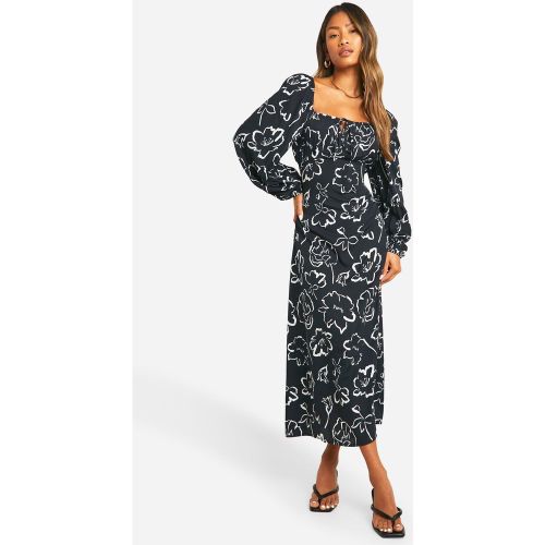 Vestido Midaxi Con Mangas Abullonadas Y Estampado De Flores Monocromáticos - boohoo - Modalova