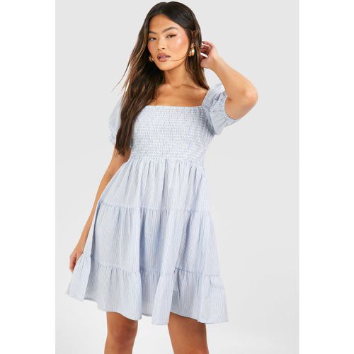 Linen Long Sleeve Mini Dress, Azul - boohoo - Modalova