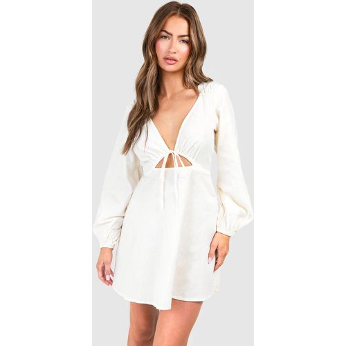 Linen Tie Front Puff Sleeve Mini Dress - boohoo - Modalova