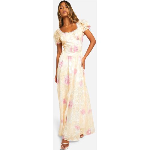 Vestido Maxi De Jacquard Con Estampado De Flores Y Mangas Abullonadas Estilo Mesonera - boohoo - Modalova