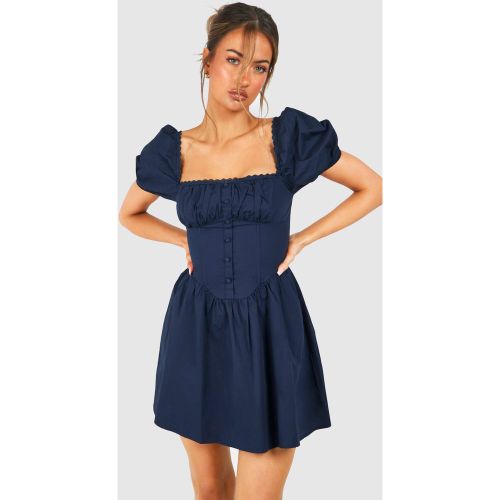 Vestido Mini De Algodón Fruncido Estilo Mesonera Con Mangas Abullonadas - boohoo - Modalova