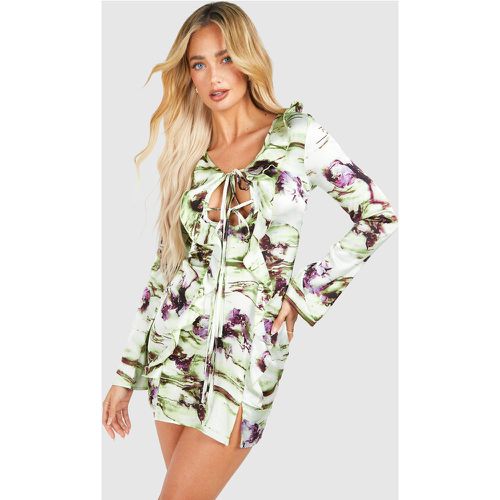 Vestido Mini Con Volante, Atadura Frontal Y Estampado Efecto Mármol - boohoo - Modalova