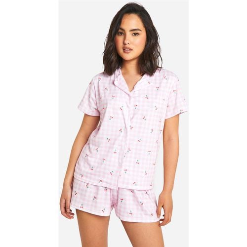 Pijama Corto De Cuadros Vichy Con Botones Y Estampado De Cerezas - boohoo - Modalova