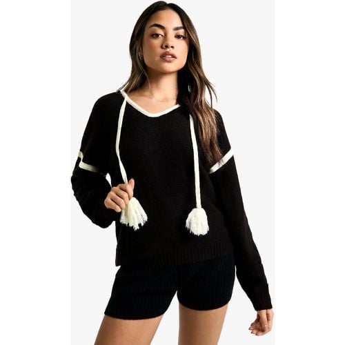 Sudadera De Punto Con Capucha, Pompones Y Ribete En Contraste - boohoo - Modalova