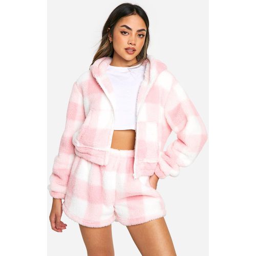 Set felpa a quadri rosa con zip & pantaloncini - boohoo - Modalova