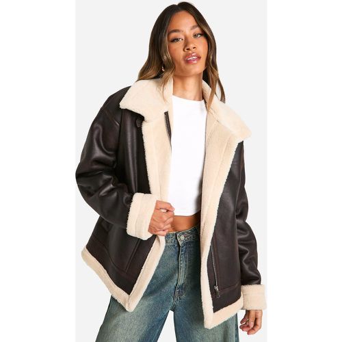 Chaqueta De Aviador Tall Vintage De Cuero Sintético Con Cuello Alto - boohoo - Modalova