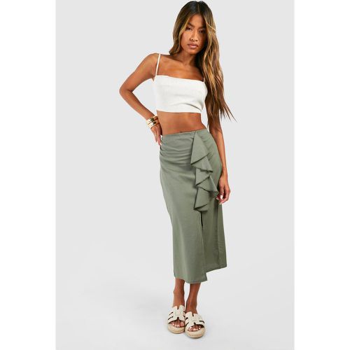 Linen Frill Midi Skirt, Verde - boohoo - Modalova