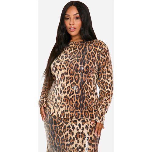 Top Plus De Manga Larga Con Espalda En U Y Lentejuelas De Leopardo - boohoo - Modalova