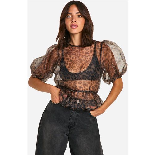 Top in organza leopardato con laccetti sul retro e maniche a sbuffo - boohoo - Modalova