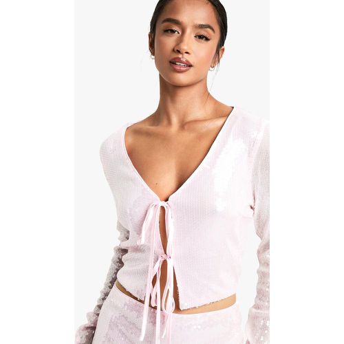 Top Petite De Lentejuelas Con Atadura Frontal - boohoo - Modalova