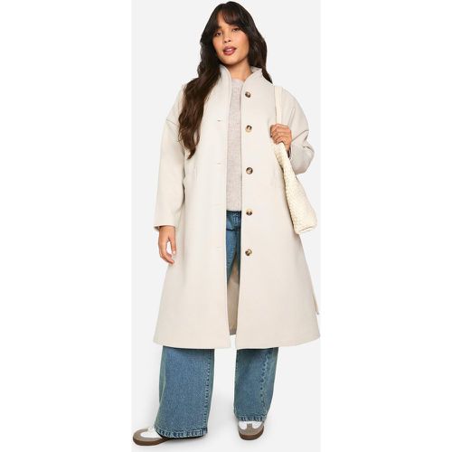 Cappotto effetto lana senza colletto con cintura - boohoo - Modalova