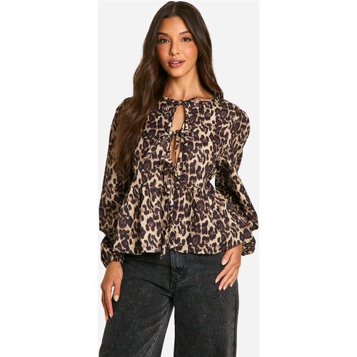 Top Holgado De Manga Larga Abullonada Con Atadura Frontal Y Estampado De Leopardo - boohoo - Modalova