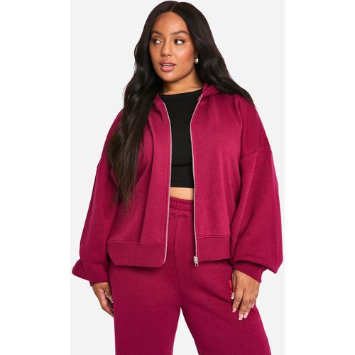 Felpa Plus Size Wardrobe Essentials squadrata corta con bolle in rilievo, zip e cappuccio - boohoo - Modalova