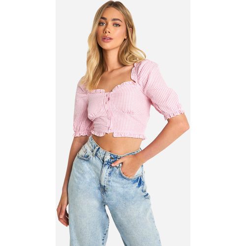 Crop top a quadretti con volant sul fondo e maniche a sbuffo - boohoo - Modalova