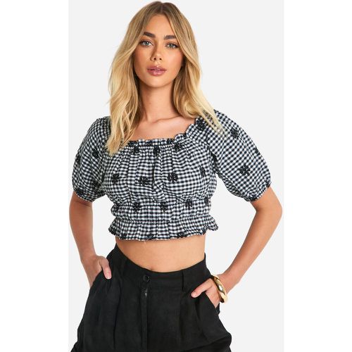 Top Crop De Cuadros Vichy Con Mangas Abullonadas - boohoo - Modalova