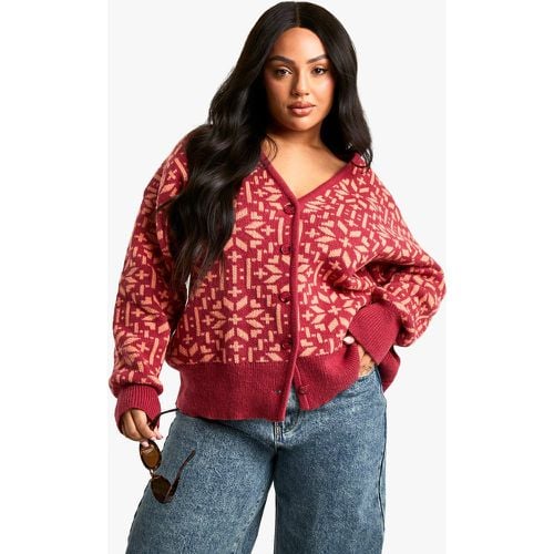 Cardigan Plus Size Premium in maglia con motivi Fairisle e fiocchi di neve - boohoo - Modalova