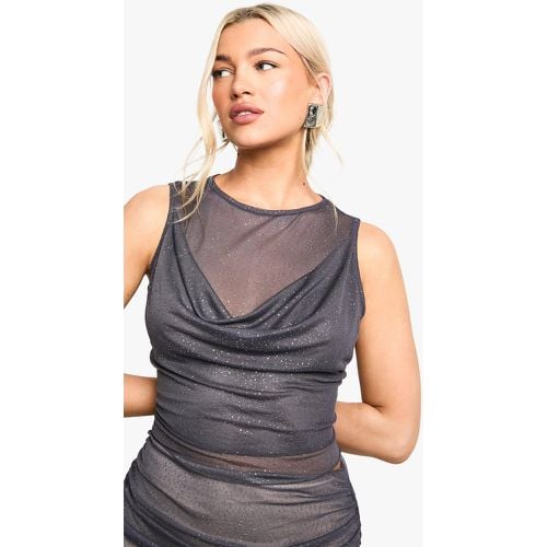 Top smanicato in rete glitterata con scollo a cappuccio frontale - boohoo - Modalova