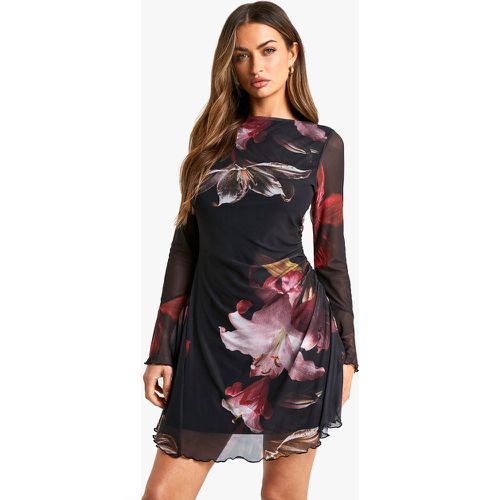 Vestido Mini Evasé De Malla Con Estampado De Flores - boohoo - Modalova