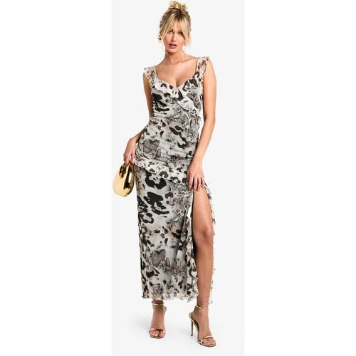 Vestito maxi in rete animalier mista con arricciature - boohoo - Modalova