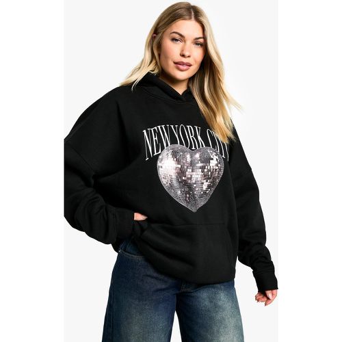 FELPA OVERSIZE CON STAMPA DI CUORI NEW YORK CITY DISCO E FELPA CON CAPPUCCIO - boohoo - Modalova