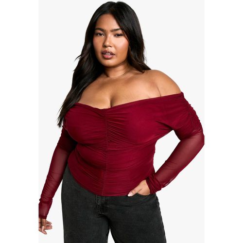 Plus Ruched Front Bardot Long Sleeve Top - boohoo - Modalova