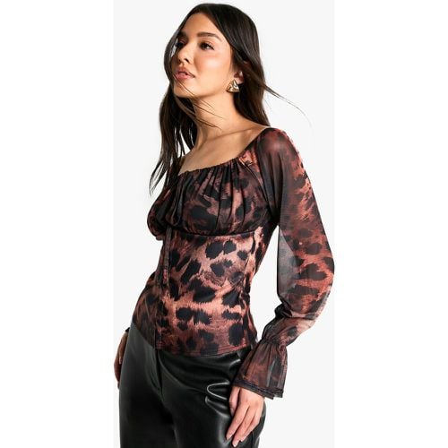 Printed Bengaline hook and eye corset with bardot mesh sleeve - boohoo - Modalova