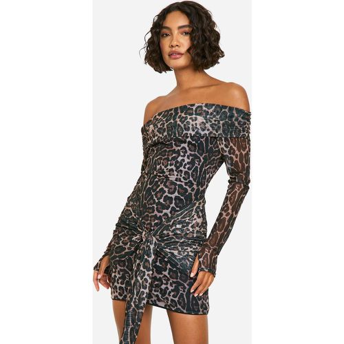 Tall Leopard Mesh Bardot Twist Front Mini Dress - boohoo - Modalova