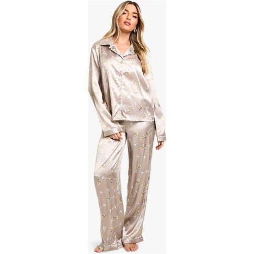 Set pigiama in raso a maniche lunghe con stampa Martini & pantaloni lunghi - boohoo - Modalova