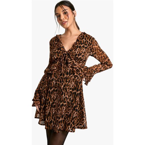 Vestido Mini De Leopardo Con Volante En Las Mangas - boohoo - Modalova