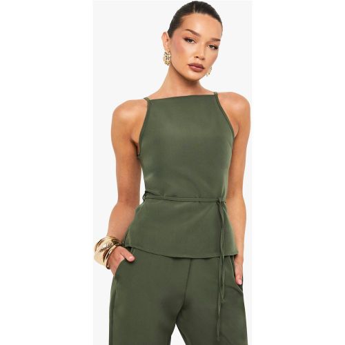 Top De Tela De Tirantes Con Cuello Alto Y Atadura En La Cintura - boohoo - Modalova
