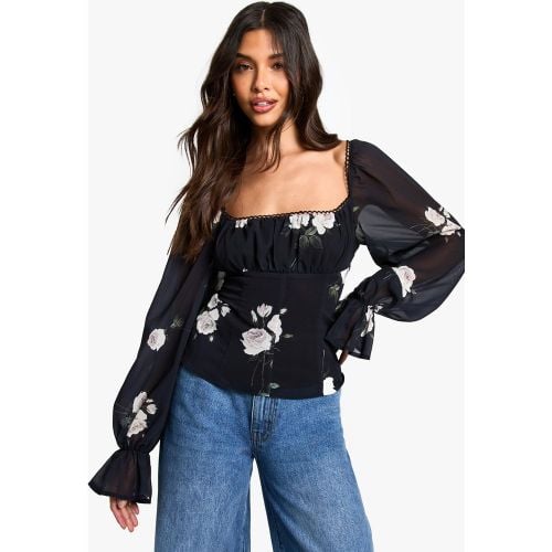 Blusa De Tela Estilo Corsé Fruncida Con Estampado De Flores Difuminadas - boohoo - Modalova