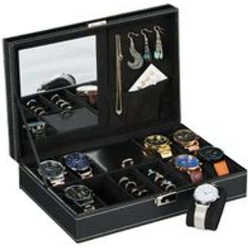 Uhrenbox für 8 Uhren, Uhrenkasten mit Schmuckablage, Lederoptik, Samtbezug, HxBxT: 8 x 30 x 20,5 cm, schwarz - RELAXDAYS - Modalova