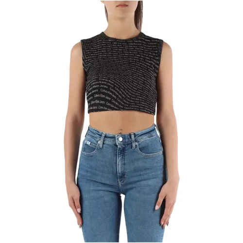 Stretch cotton ribbed top with logo , female, Sizes: S, M, XS - Calvin Klein Jeans - Modalova