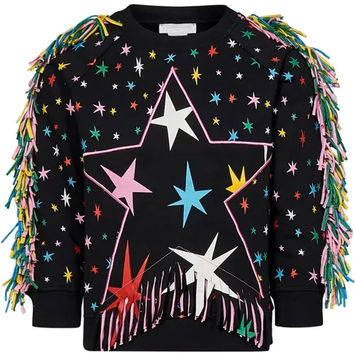 Schwarzer Fringed Crewneck Sweater mit Sternenstickerei - Stella Mccartney - Modalova