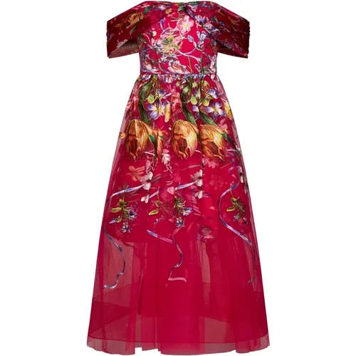 Fuchsia Floral Off-Shoulder A-Line Dress , female, Sizes: 3XL, XL, 5XL, 7XL - Marchesa - Modalova