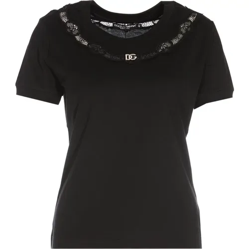 Lace Detail Crewneck T-shirt for Women , female, Sizes: XS - Dolce & Gabbana - Modalova
