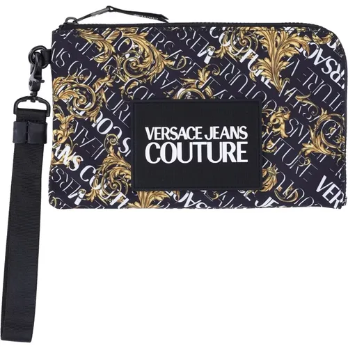 Gold Clutch with All-Over Logo Print and Zipper Closure , female, Sizes: ONE SIZE - Versace Jeans Couture - Modalova