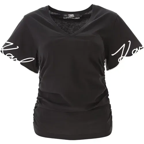 Signature V-Ausschnitt T-Shirt in Schwarz - Karl Lagerfeld - Modalova