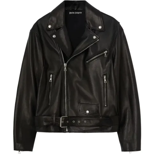 Logo-Print Biker Leather Jacket , male, Sizes: L - Palm Angels - Modalova