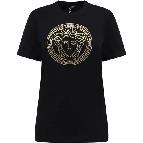 Logo Print Baumwoll T-Shirt,Schwarze Foliengeprägte Medusa T-Shirts und Polos - Versace - Modalova