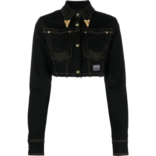 Schwarze Jeansjacke mit goldenen Akzenten , Damen, Größe: S - Versace Jeans Couture - Modalova