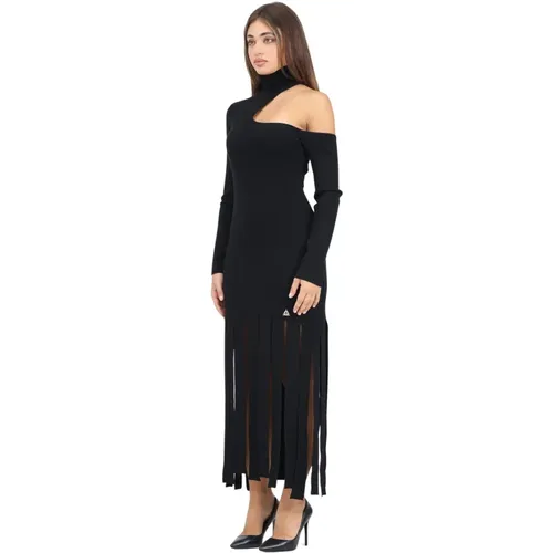 Schwarzes Strick-Midi-Kleid mit Cut-Out-Schulter und Fransendetail , Damen, Größe: S - Akep - Modalova