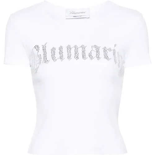 Ribbed T-Shirt with Rhinestone Logo , female, Sizes: S, L, M - Blumarine - Modalova