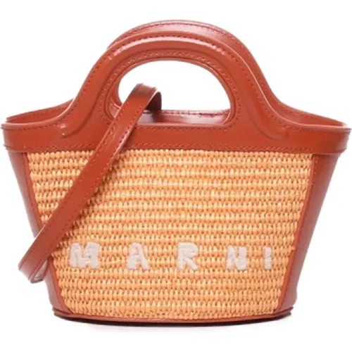 Tasche mit gewebten Raffiabahnen und Leder Verschluss, Baumwollmischung Handtasche mit Besticktem Logo - Marni - Modalova
